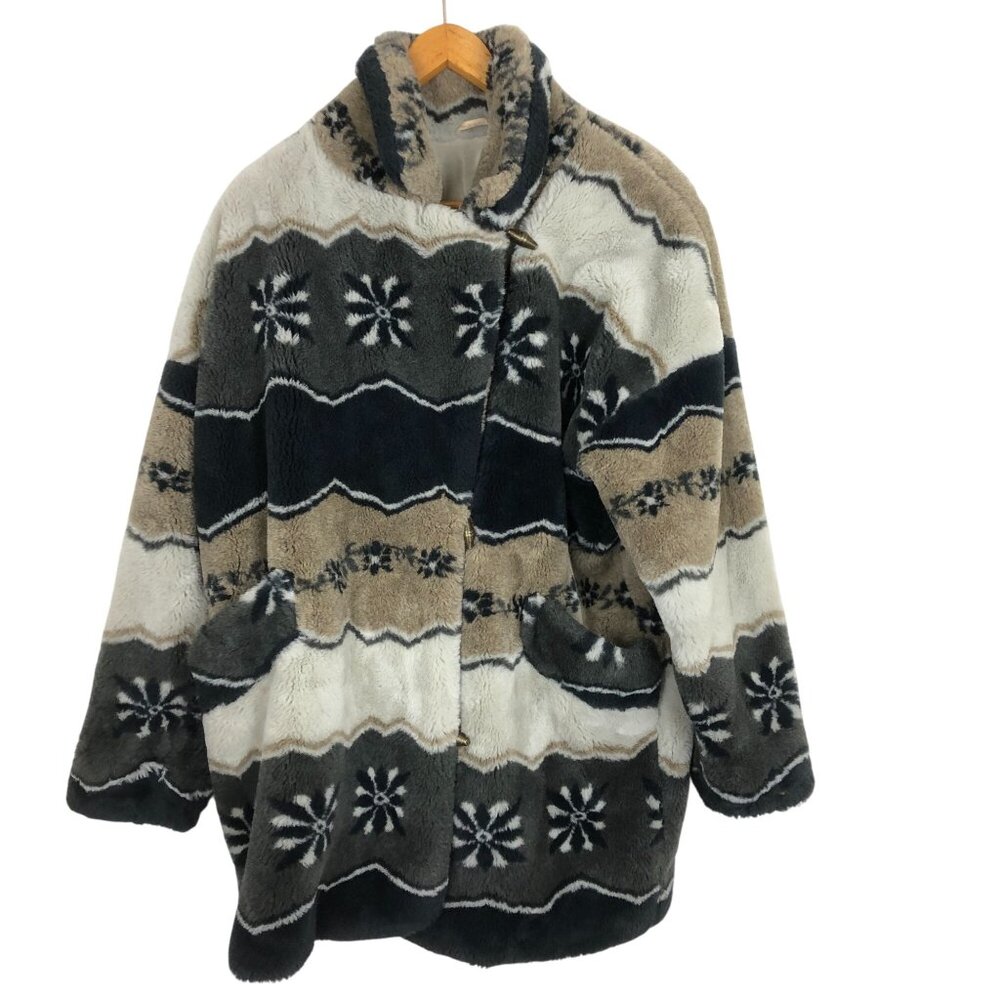 Vtg Skila Finland Faux Fur Coat 10 Nordic Floral Pattern Toggles Plush Neutral